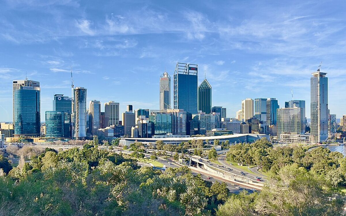 The Perth CBD skyline at midday, viewed from Kings Park across the Swan River foreshore.